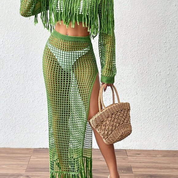Green Sexy Women's Crochet Hollow Fringe Hem Cover Up Tops - Picture 3 of 6